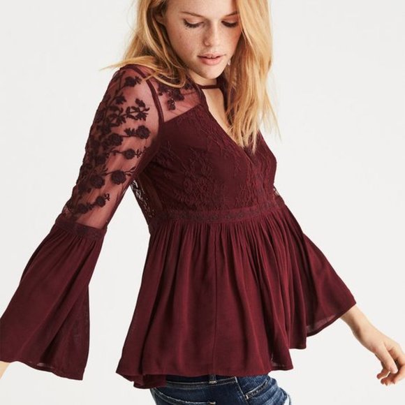 American Eagle Outfitters Tops - aeo embroidered mesh bell sleeve top